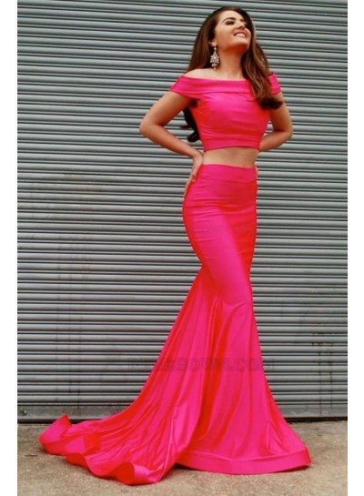 2024 Column Satin Off the Shoulder Sleeveless Brush Train Two Pieces  Prom Dresses