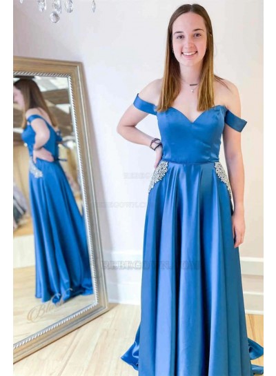A-Line/Princess Off the Shoulder Silk Like Satin Beading 2024 Sweep/Brush Train Prom Dresses