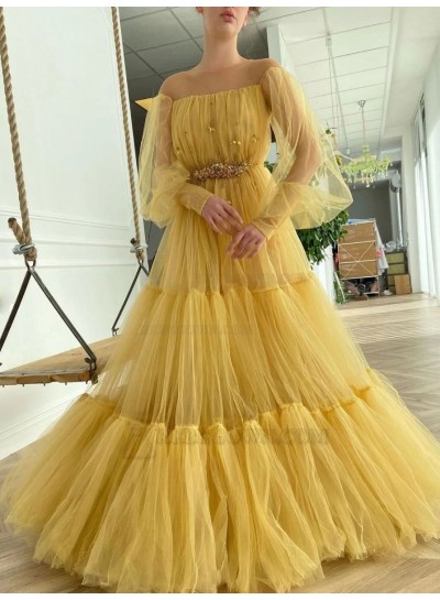 A-Line Beading Off-the-Shoulder Tulle Long Sleeves 2024 Sweep/Brush Train Prom Dresses