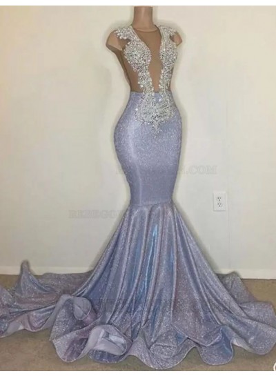 Mermaid/Trumpet Sequins Scoop Neck Appliques Sleeveless 2024 Brush Train Prom Dresses