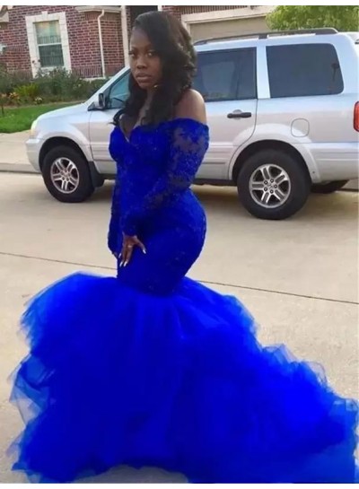 Off the Shoulder Column Tulle Appliques Long Sleeves Brush Train 2024 Prom Dresses