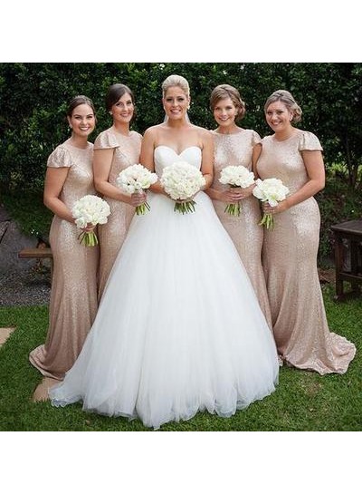 2024 Sheath Champagne Sequence Capped Sleeves Bridesmaid Dresses
