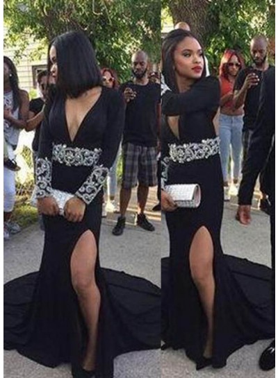 2025 Junoesque Black Beading Deep V-Neck Chapel Train Chiffon Prom Dresses