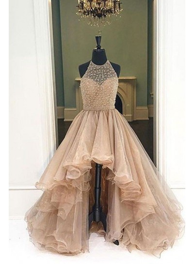 2024 Halter Beaded High Low Organza Champagne Prom Dresses