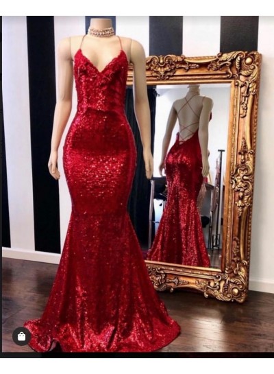 2022 Sexy Halter Sequins Red Mermaid  Prom Dresses