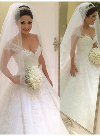2022 New Arrival Cap Sleeve Lace Ball Gown Wedding Dresses