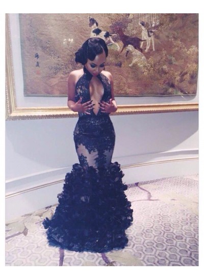 2024 Gorgeous Black Prom Dresses Mermaid  Layers Deep V Sexy Long Appliques