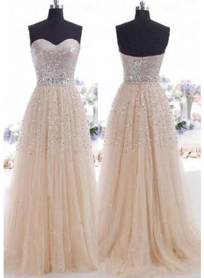 Champagne Beading Sweetheart A-Line Tulle Prom Dresses