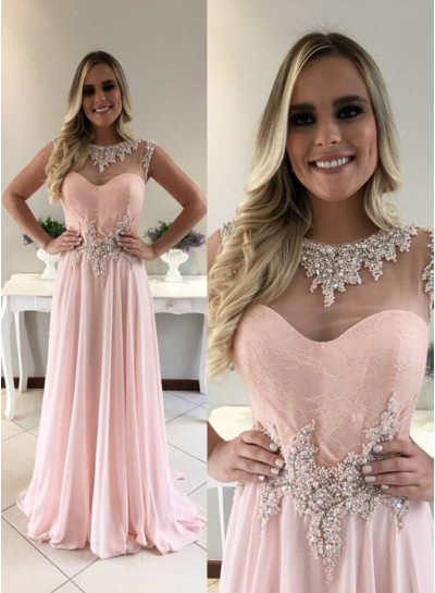 Beading Jewel Neck A-Line Chiffon 2022 Glamorous Pink Prom Dresses