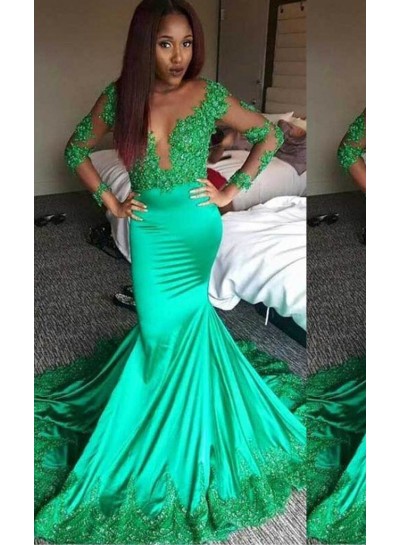 Appliques Sheer Sleeves Mermaid Stretch Satin Green Prom Dresses
