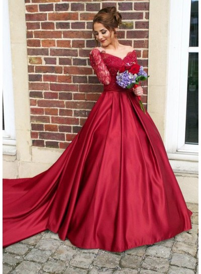 2024 Gorgeous Red V-Neck Long Sleeve Beading Sweep/Brush Train Satin Prom Dresses