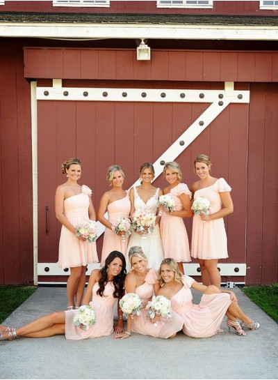 2024 A Line One Shoulder Pink Short Bridesmaid Dresses / Gowns