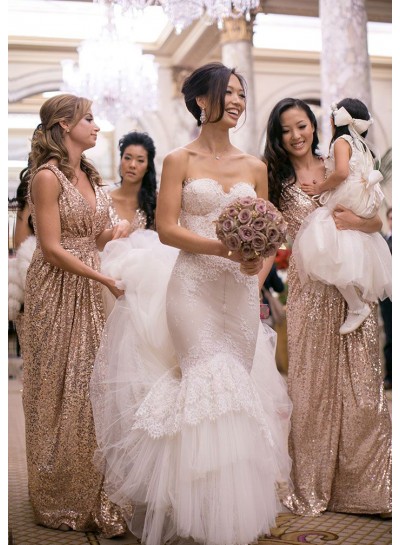 Champagne Column Sequins V Neck Column Floor Length Bridesmaid Dresses / Gowns