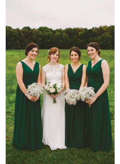 2024 New Arrival A Line Chiffon Dark Green Long V Neck Bridesmaid Dresses / Gowns