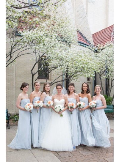 2024 New Arrival A Line Chiffon Light Sky Blue Strapless Long Bridesmaid Dresses / Gowns