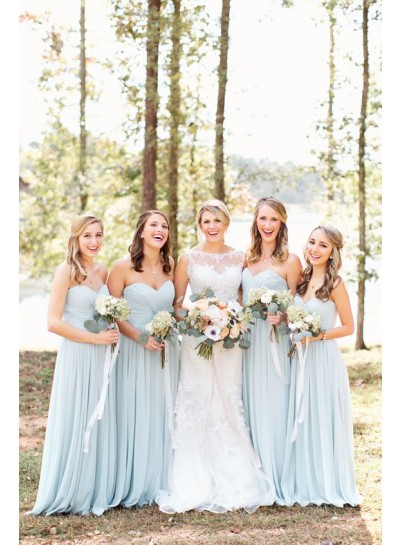 2024 New Arrival A Line Sweetheart Light Sky Blue Chiffon Long Bridesmaid Dresses / Gowns