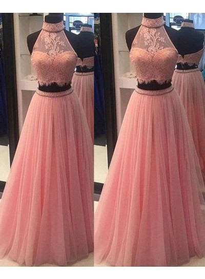 2022 Charming Princess/A-Line High Neck Two Pieces Tulle Prom Dresses