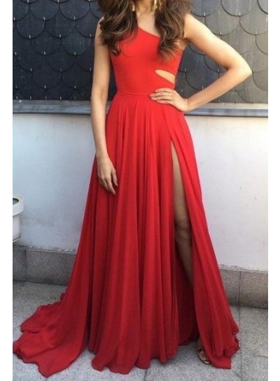 One Shoulder Red Side Slit Prom Dresses