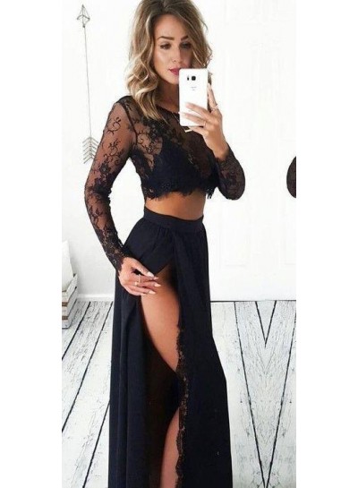 Princess/A-Line Long Sleeves Black Two Pieces Prom Dresses