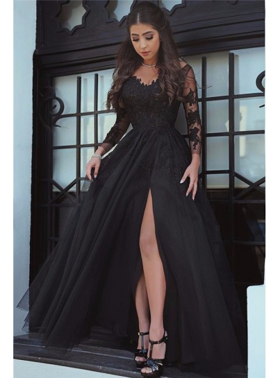 2022 Cheap Princess/A-Line Black Long Sleeves Tulle Prom Dresses