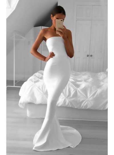 2024 Elegant Mermaid Strapless Satin White Prom Dresses