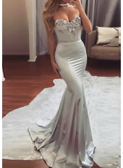 2022 Siren Silver Mermaid Sweetheart Beaded Elastic Satin Prom Dresses