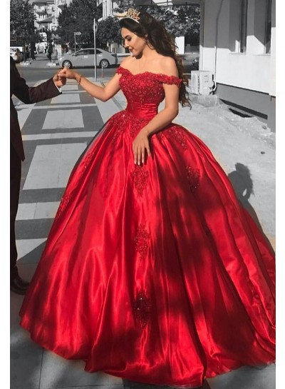 Ball Gown Off The Shoulder Red Satin Prom Dresses