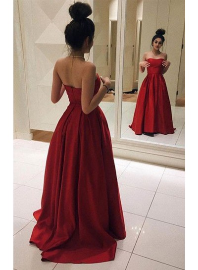 2022 Cheap Princess/A-Line Satin Strapless Red Prom Dresses