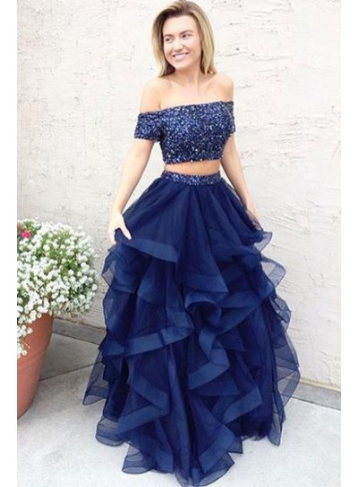 Dark Navy Princess/A-Line Tulle Two Pieces Prom Dresses