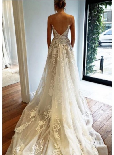 Backless A Line V Neck Tulle 2022 Lace Spaghetti Straps Wedding Dresses