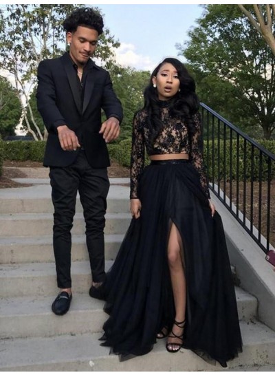 Black Long Sleeves Side Slit Two Pieces Beaded Lace Prom Dresses 2022