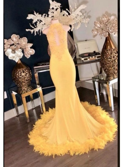 Charming Yellow High Neck Mermaid  Prom Dresses 2024
