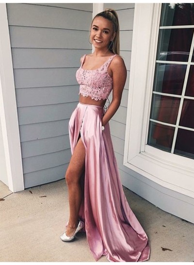 2022 Illusion Dusty Rose Two Piece Lace Satin A-line Prom Dresses