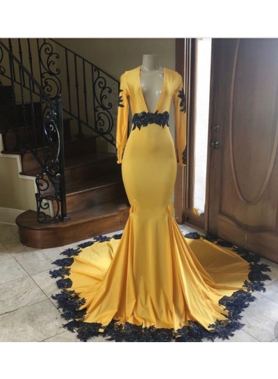 2022 Deep V-neck Long Sleeve Mermaid  Prom Dresses