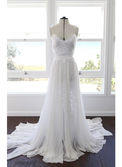 Cheap A Line Sweetheart Spaghetti Straps Side Slit Chiffon Lace Beach Wedding Dresses 2022