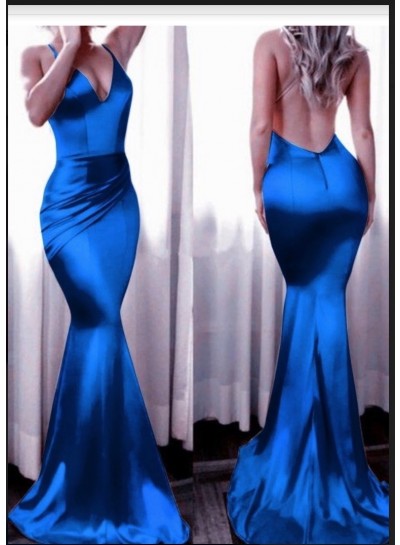2022 Halter Satin V-neck Royal Blue Strapless Long Mermaid Prom Dresses