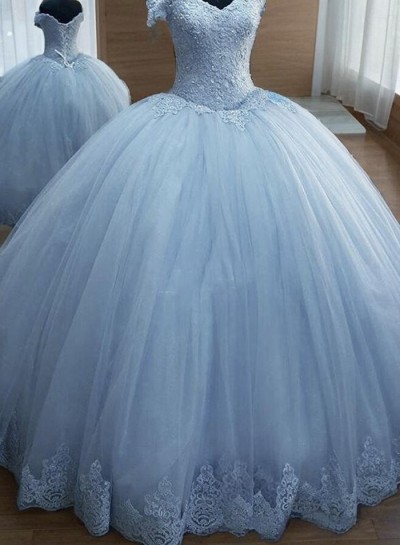 2024 Short Sleeve Prom Dresses Off The Shoulder V-Neck Blue Ball Gown Pleated Lace Appliques