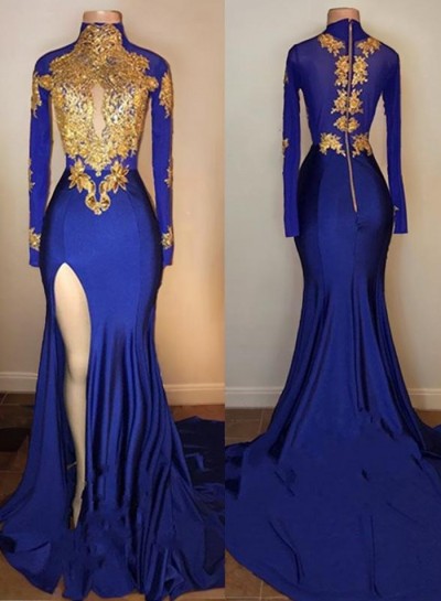 Charming African Royal Blue Side Slit Sheath Long Sleeves Prom Dresses With Gold Appliques 