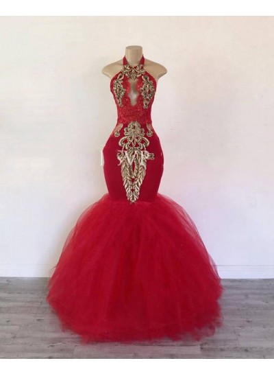 2023 Halter Red Mermaid Prom Dresses