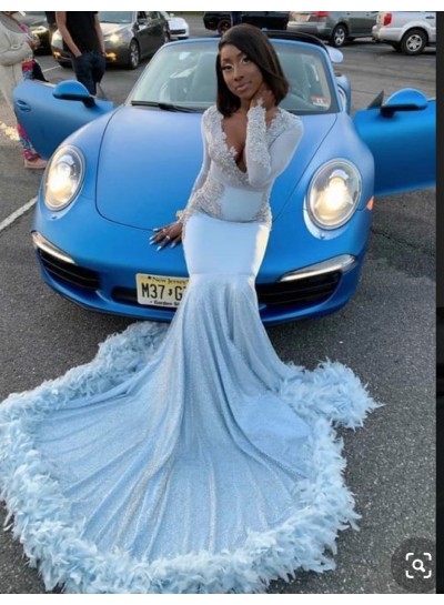 New Arrival Sky Blue Long Sleeves Satin Mermaid Prom Dress 2022