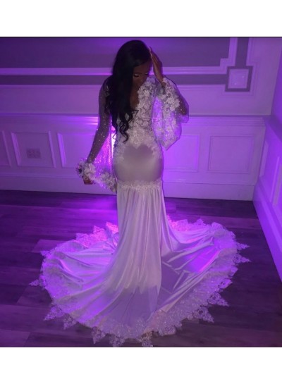 White Mermaid 2024 Long Sleeve Prom Dresses