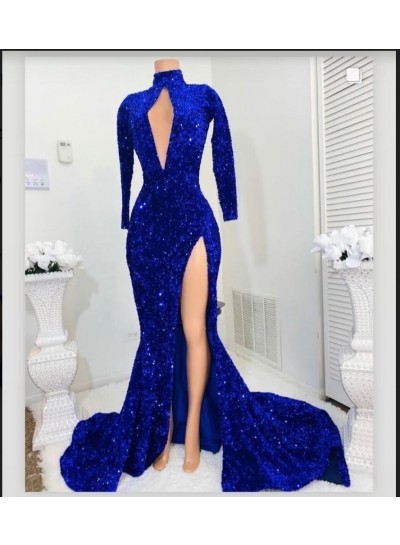 Long Sleeves Royal Blue Prom Dresses
