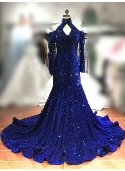 Royal Blue High Neck Mermaid Sequins Long Sleeves Prom Dress