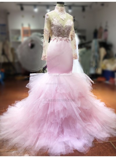 Long Sleeves Pink Mermaid Prom Dress