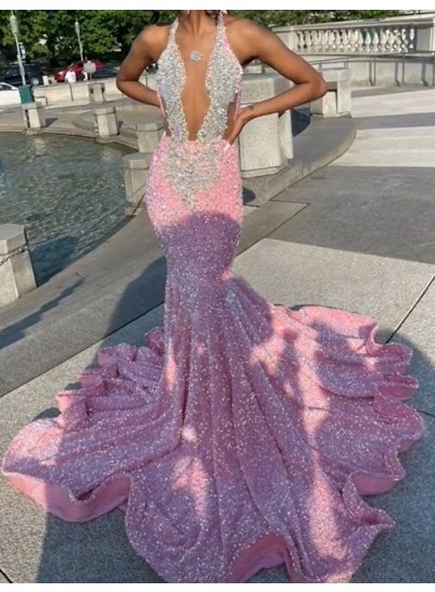 Halter Pink Mermaid Sequins Long Prom Dresses