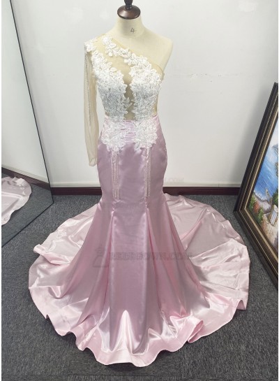 One Shoulder Pink Beaded Long Sleeves Mermaid Prom Dresses