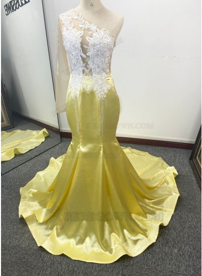 Daffodil One Shoulder Beaded Long Sleeves Mermaid Prom Dresses