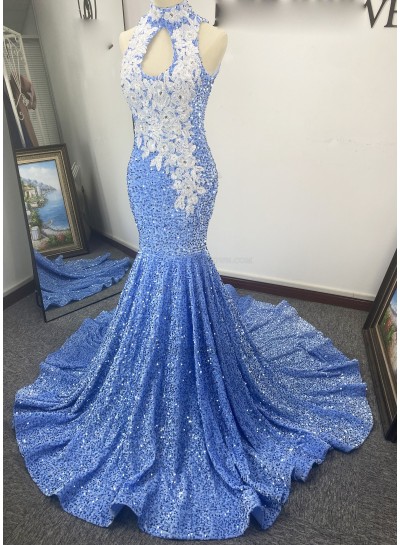 Blue Sequins Mermaid Halter Prom Dresses