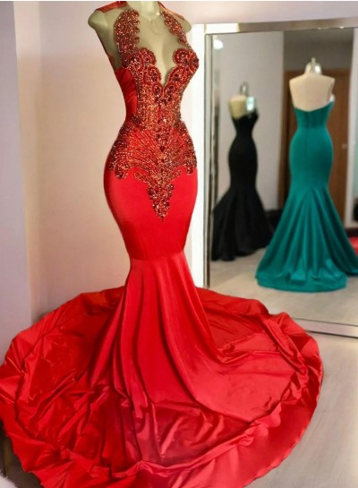 2025 Red Mermaid Prom Dresses With Beaded