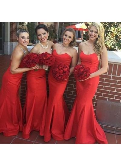 2024 Sexy Mermaid  Red Sweetheart Satin Bridesmaid Dresses